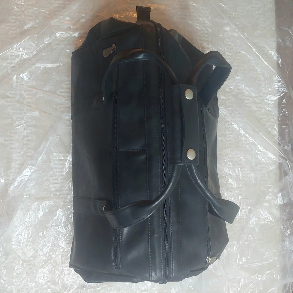Leather Black Duffel Carry On With Wheels! Travel Bag!
